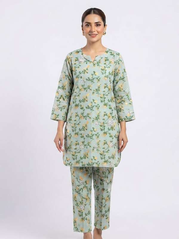 Gulnaz Pistachio Green Dobby Suit - Front View