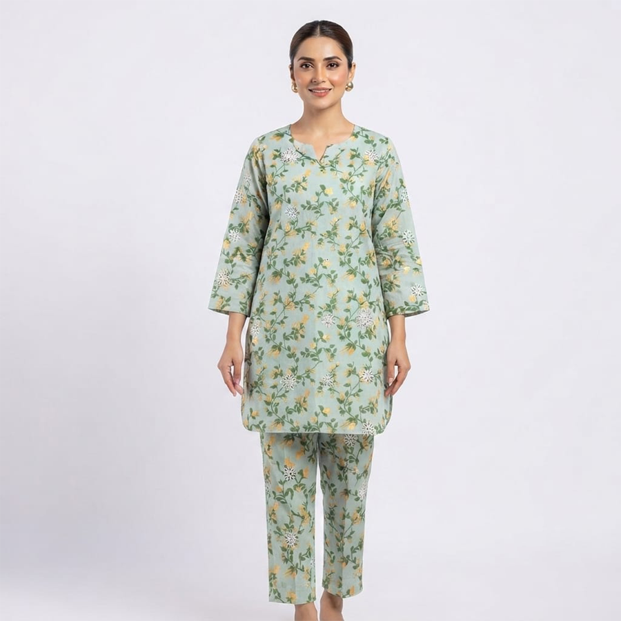 Gulnaz Pistachio Green Dobby Suit - Front View