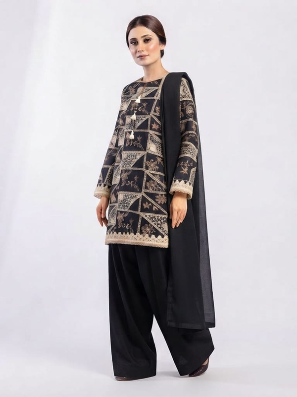 Noir Luxe Black Farshi Lawn Suit - Front View