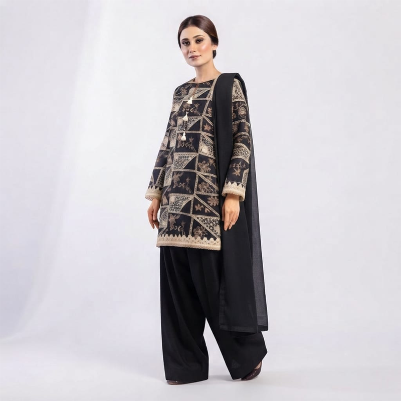 Noir Luxe Black Farshi Lawn Suit - Front View