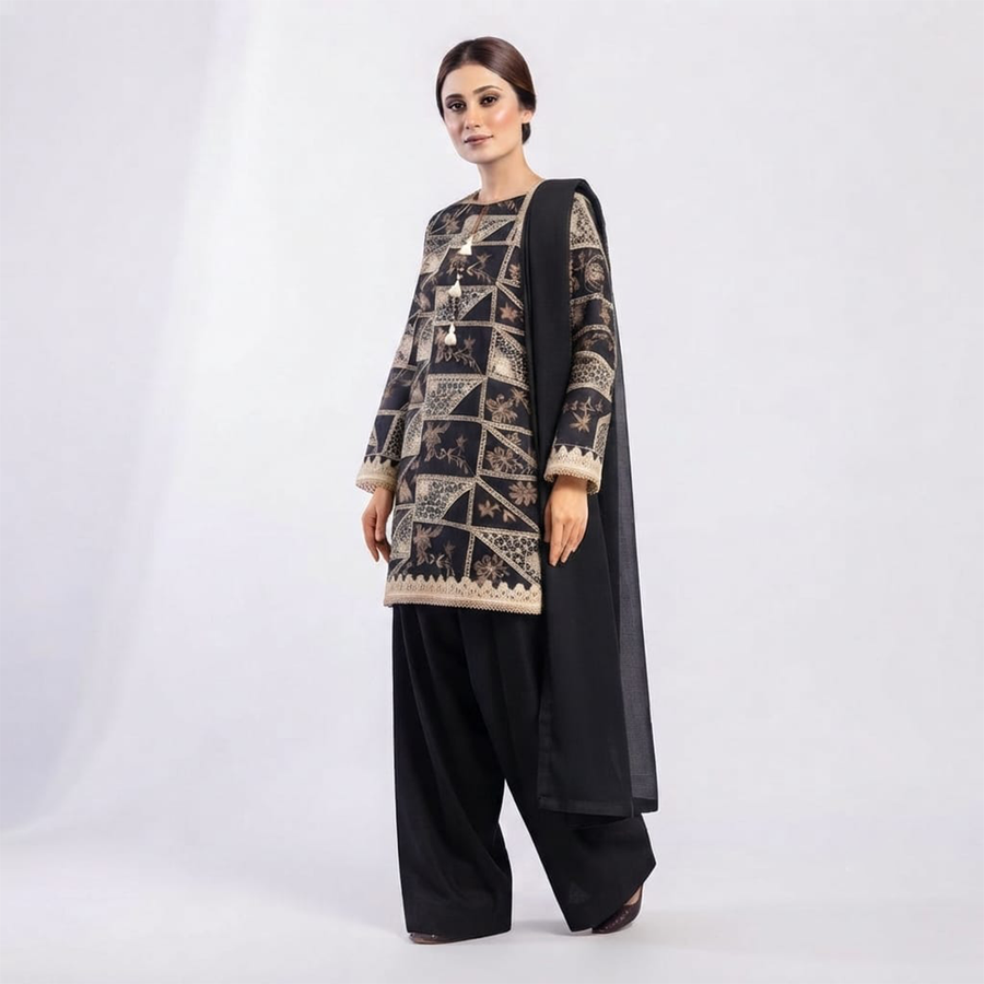 Noir Luxe Black Farshi Lawn Suit - Front View
